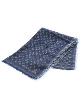 Louis Vuitton Monogram Shawl Scarf Indigo Blue Silk Wool